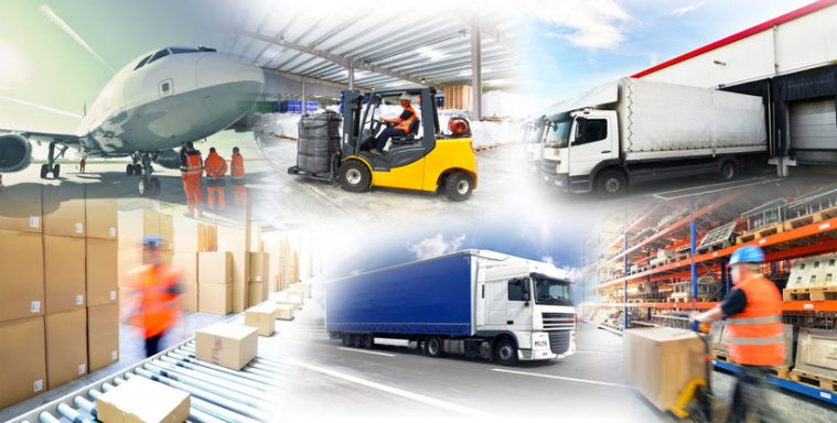 Beeinträchtigungen im Logistikbereich: Flugzeug, Gabelstapler, Lkw und Lagerarbeit.